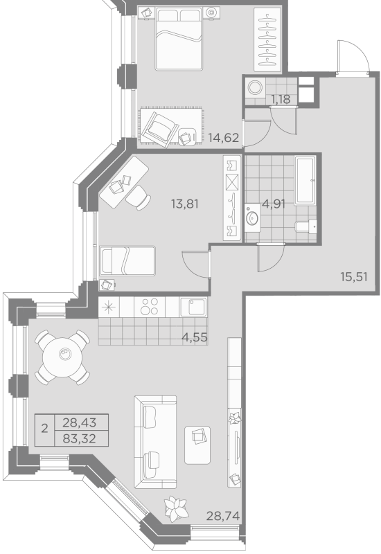 2-комнатная квартира  №17-1 в Akzent: 83.32 м², этаж 4 - купить в Санкт-Петербурге