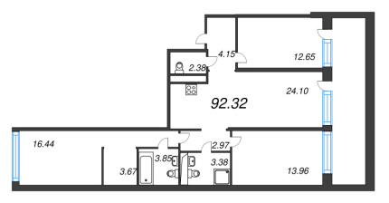 3-комнатная квартира  №24 в Черная речка, 41: 92.32 м², этаж 2 - купить в Санкт-Петербурге