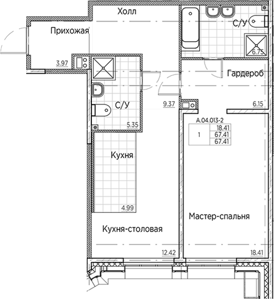 1-комнатная квартира  №13-2 в AMO: 67.41 м², этаж 4 - купить в Санкт-Петербурге