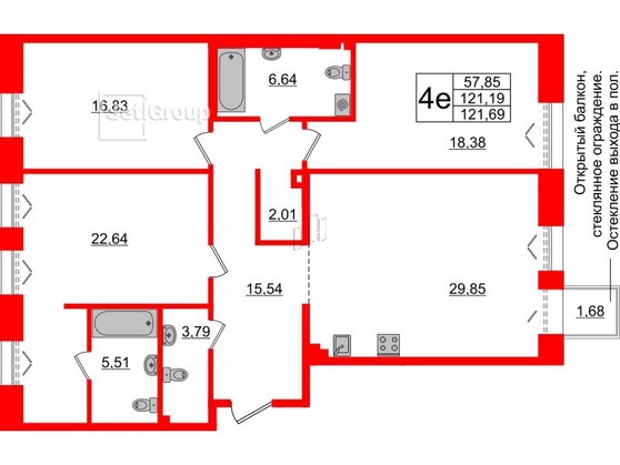 3-комнатная квартира  №331 в Черная речка, 41: 121.19 м², этаж 3 - купить в Санкт-Петербурге