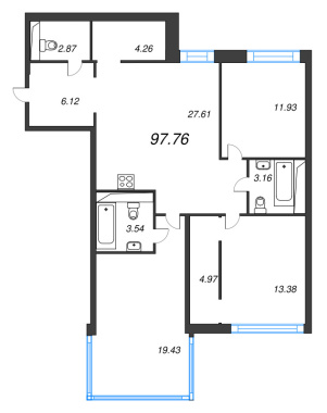 3-комнатная квартира  №44 в Avant: 97.76 м², этаж 3 - купить в Санкт-Петербурге