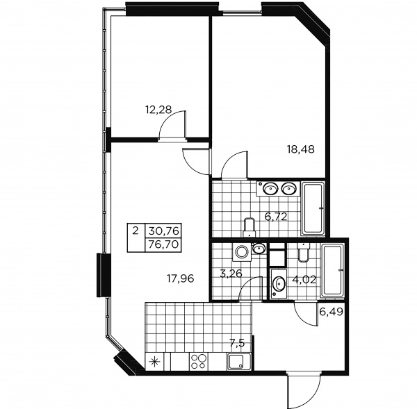 2-комнатная квартира  №6 в Akzent: 76.98 м², этаж 2 - купить в Санкт-Петербурге