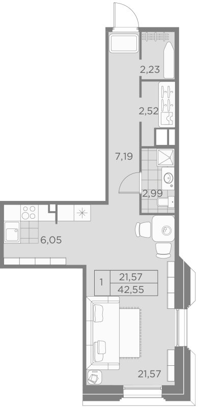 1-комнатная квартира  №11-2 в Akzent: 42.55 м², этаж 3 - купить в Санкт-Петербурге