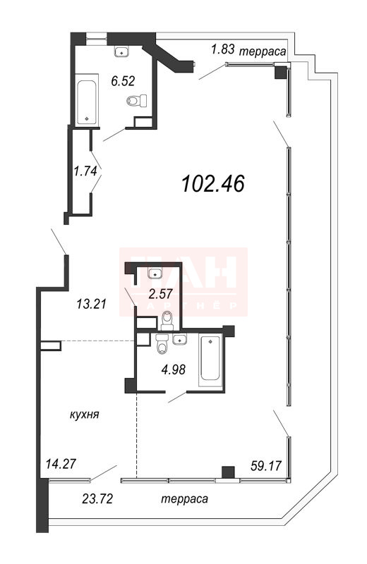 1-комнатная квартира  №135 в Alter: 107.1 м², этаж 11 - купить в Санкт-Петербурге