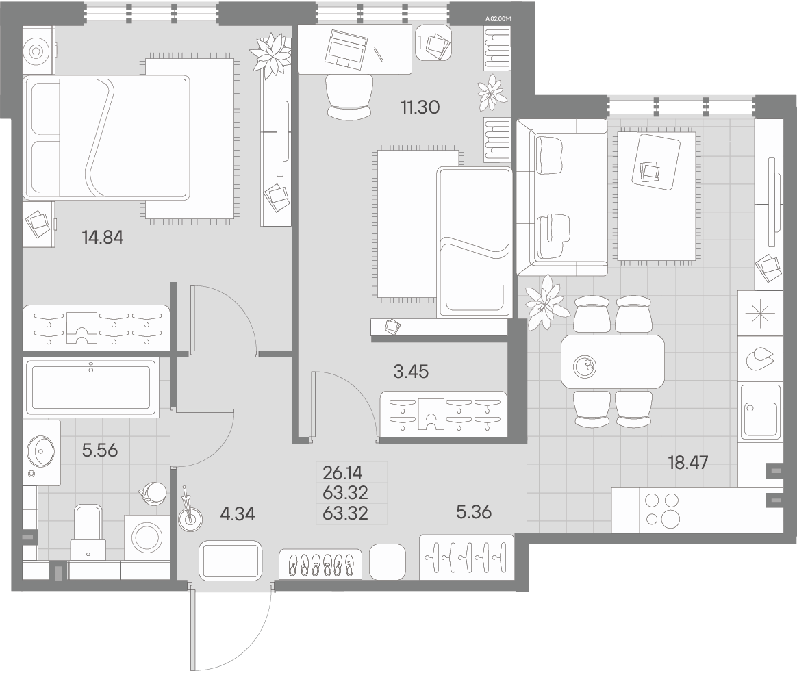 2-комнатная квартира  №1-1 в AMO: 63.32 м², этаж 2 - купить в Санкт-Петербурге