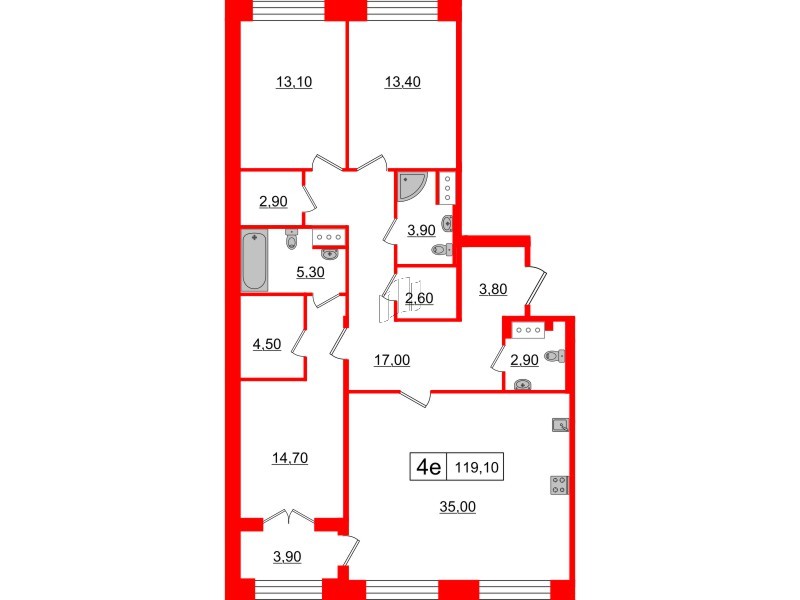 3-комнатная квартира  №214 в The One: 119.1 м², этаж 2 - купить в Санкт-Петербурге