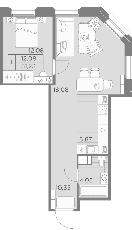 1-комнатная квартира  №19-2 в Akzent: 51.23 м², этаж 5 - купить в Санкт-Петербурге