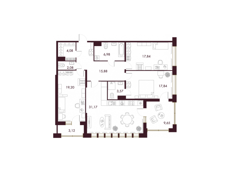3-комнатная квартира  №123 в Familia: 125.2 м², этаж 2 - купить в Санкт-Петербурге