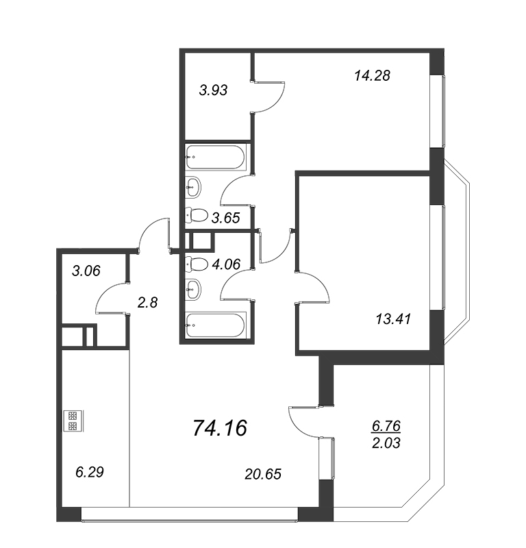 2-комнатная квартира  №86 в Akzent: 74.44 м², этаж 9 - купить в Санкт-Петербурге