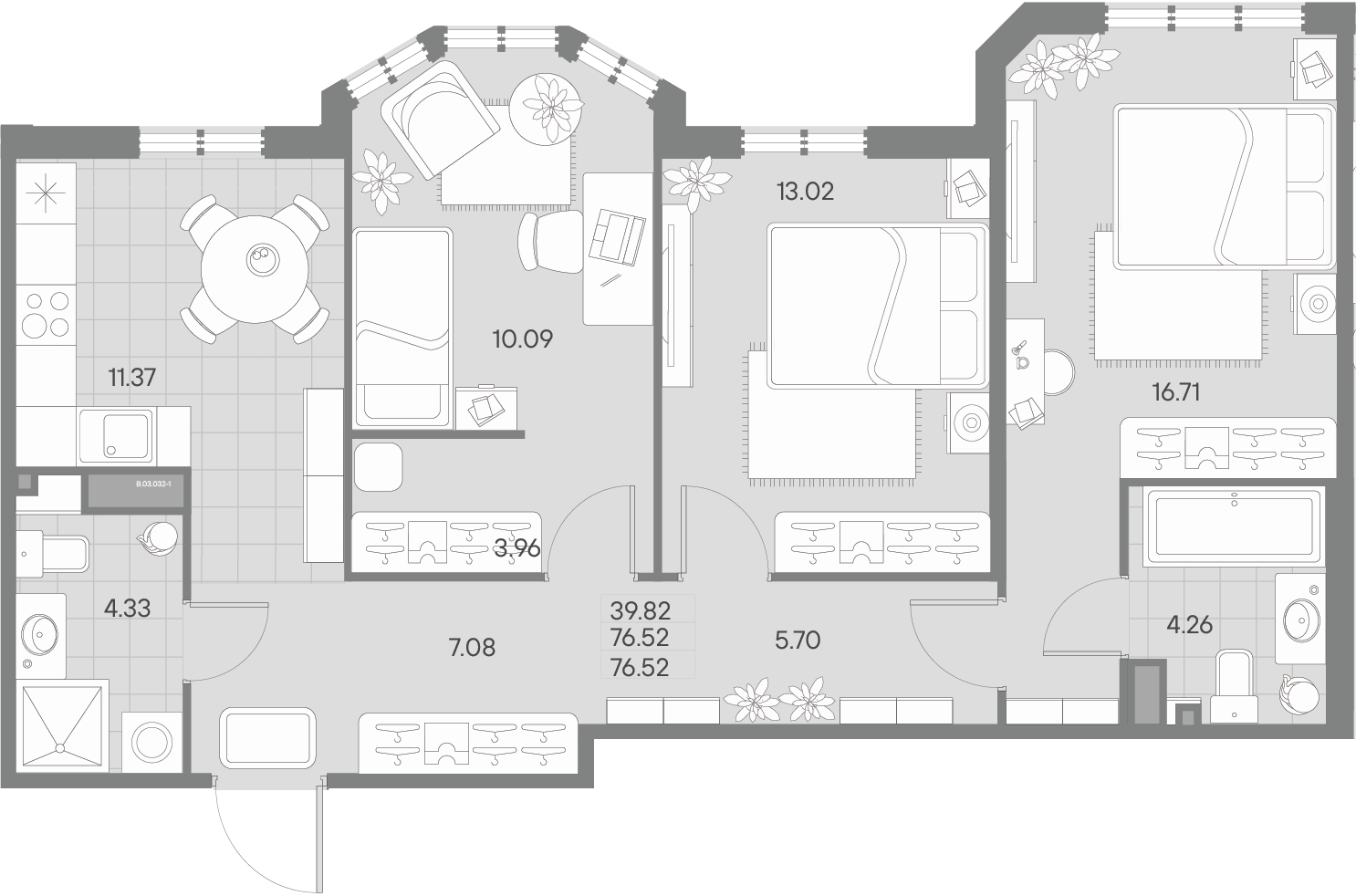 3-комнатная квартира  №32-1 в Черная речка, 41: 76.52 м², этаж 3 - купить в Санкт-Петербурге
