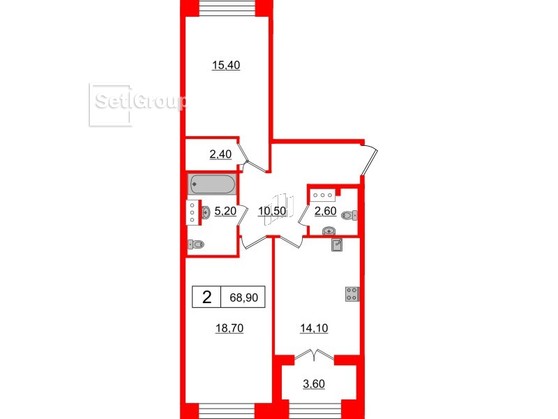 2-комнатная квартира  №230 в The One: 68.9 м², этаж 1 - купить в Санкт-Петербурге