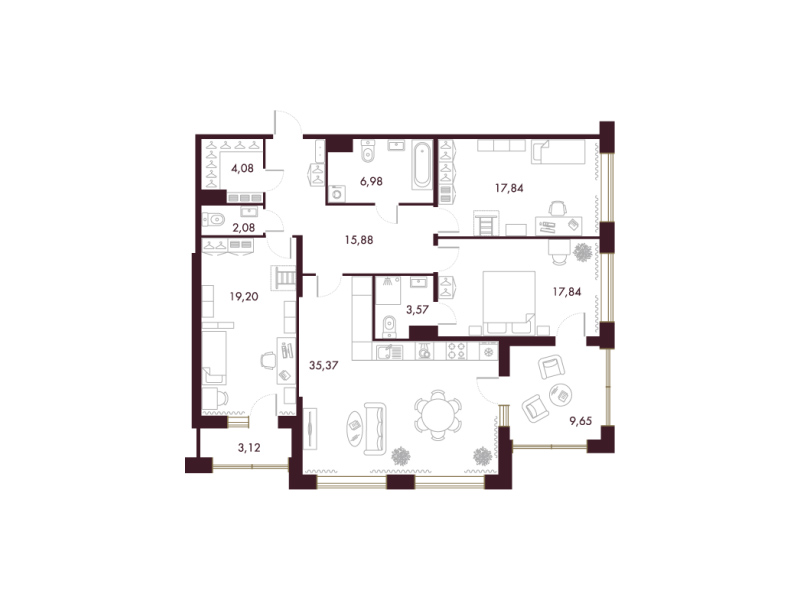 3-комнатная квартира  №135 в Familia: 129.2 м², этаж 5 - купить в Санкт-Петербурге