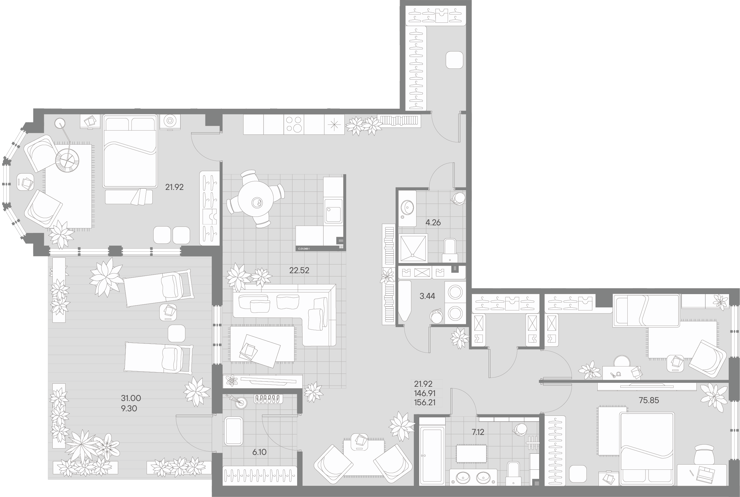 3-комнатная квартира  №48-1 в AMO: 156.21 м², этаж 1 - купить в Санкт-Петербурге