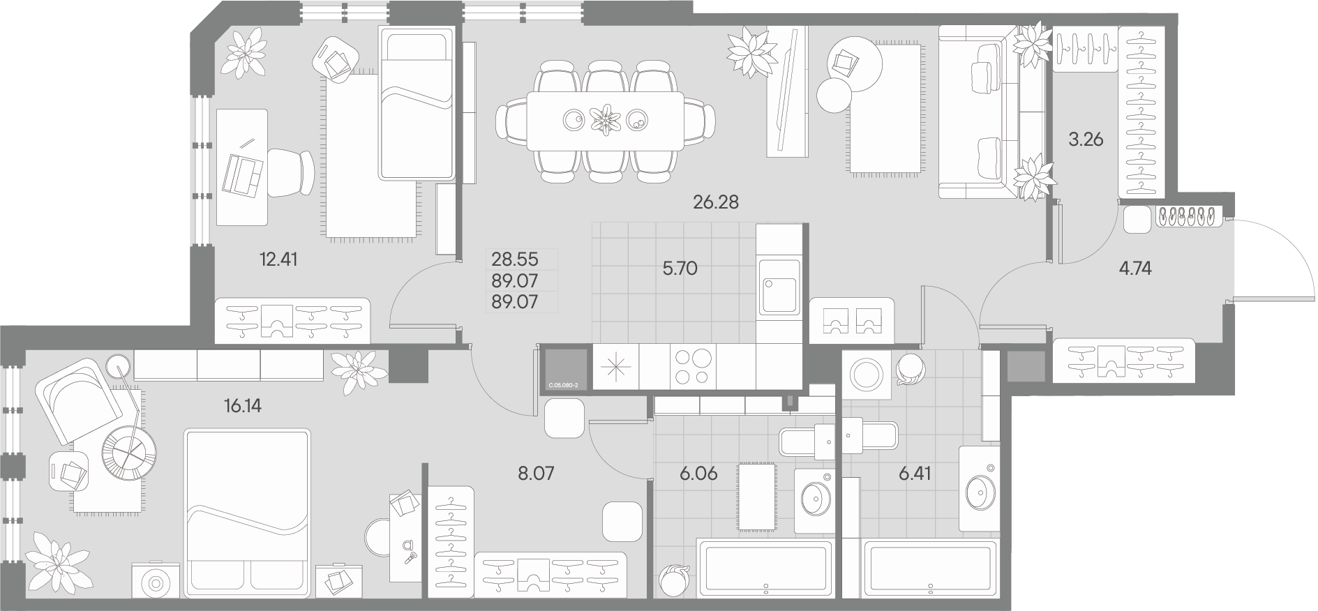 1-комнатная квартира  №80-2 в AMO: 89.07 м², этаж 5 - купить в Санкт-Петербурге