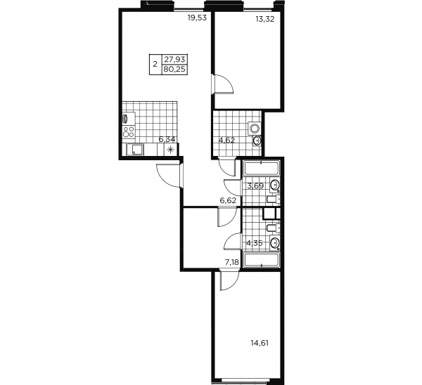 2-комнатная квартира  №2 в Akzent: 80.53 м², этаж 2 - купить в Санкт-Петербурге