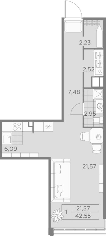 1-комнатная квартира  №5-2 в Akzent: 42.55 м², этаж 2 - купить в Санкт-Петербурге