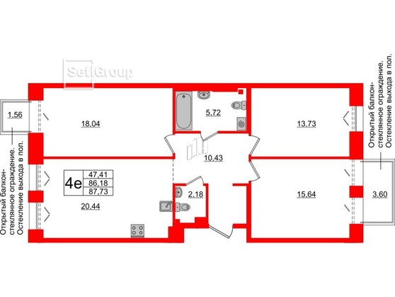 3-комнатная квартира  №537 в Черная речка, 41: 86.18 м², этаж 5 - купить в Санкт-Петербурге