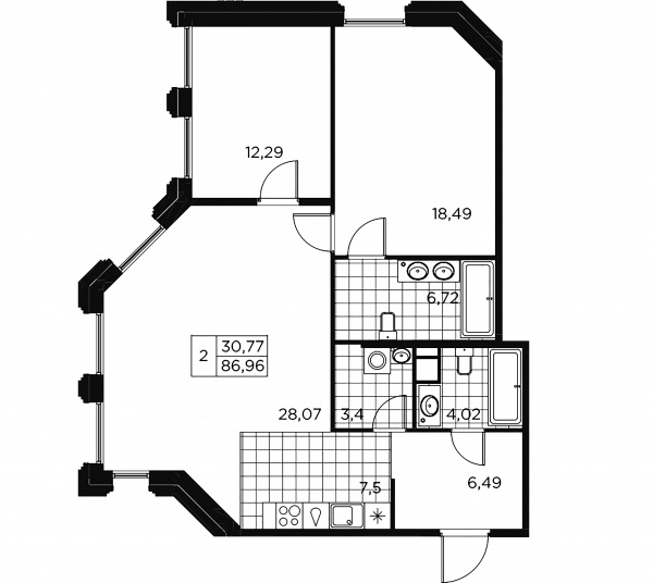 2-комнатная квартира  №30 в Akzent: 87.24 м², этаж 6 - купить в Санкт-Петербурге