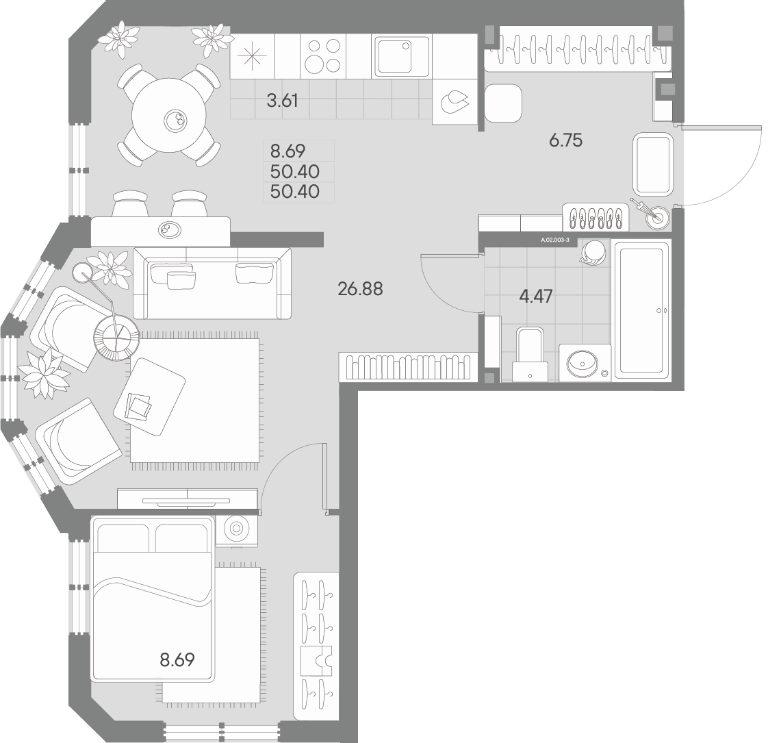 2-комнатная квартира  №3-3 в Черная речка, 41: 50.4 м², этаж 2 - купить в Санкт-Петербурге