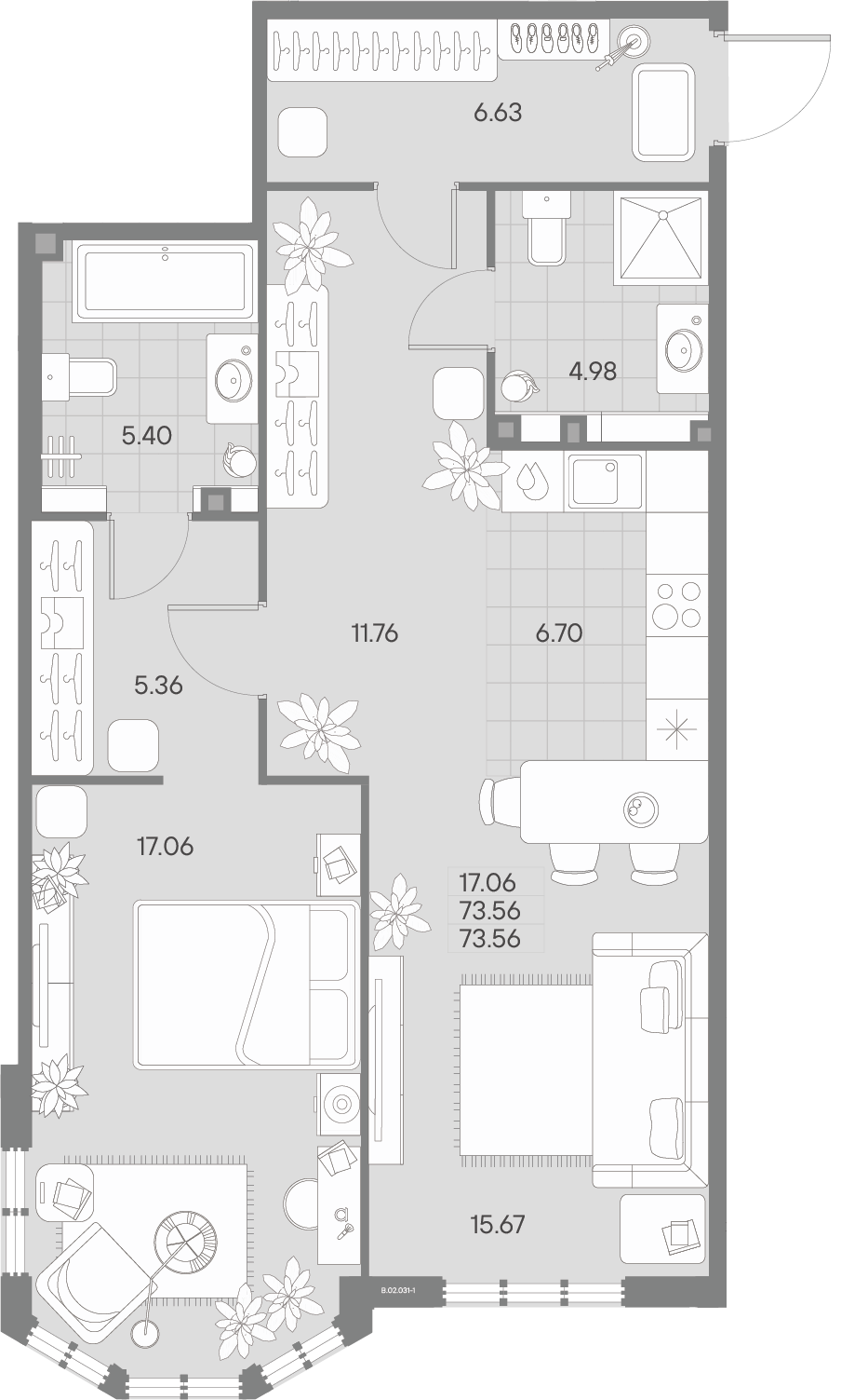 1-комнатная квартира  №31-1 в AMO: 73.56 м², этаж 2 - купить в Санкт-Петербурге