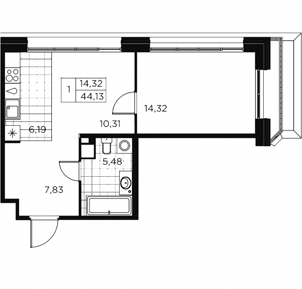 1-комнатная квартира  №84 в Akzent: 44.41 м², этаж 9 - купить в Санкт-Петербурге