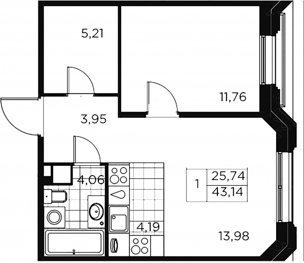 1-комнатная квартира  №76 в Akzent: 43.14 м², этаж 7 - купить в Санкт-Петербурге