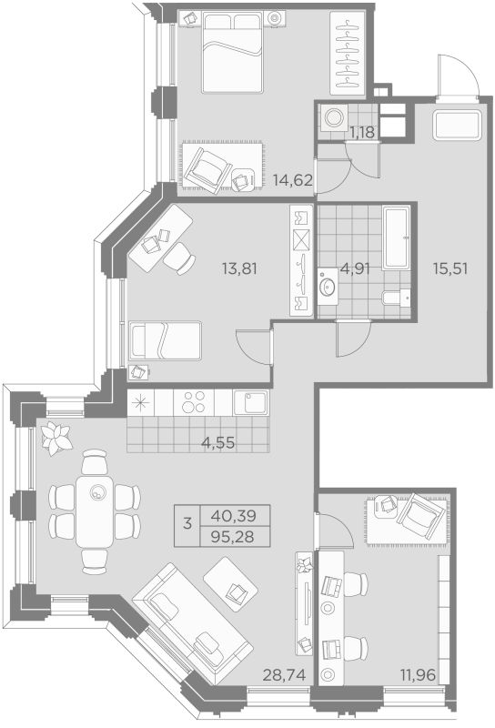 3-комнатная квартира  №11-1 в Akzent: 95.28 м², этаж 3 - купить в Санкт-Петербурге
