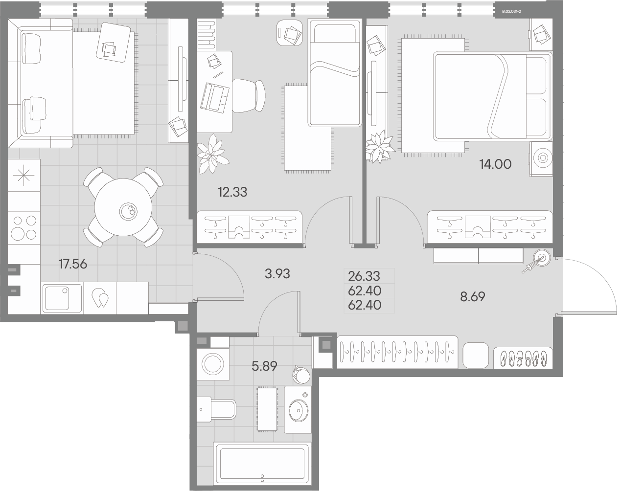 2-комнатная квартира  №31-2 в AMO: 62.4 м², этаж 2 - купить в Санкт-Петербурге