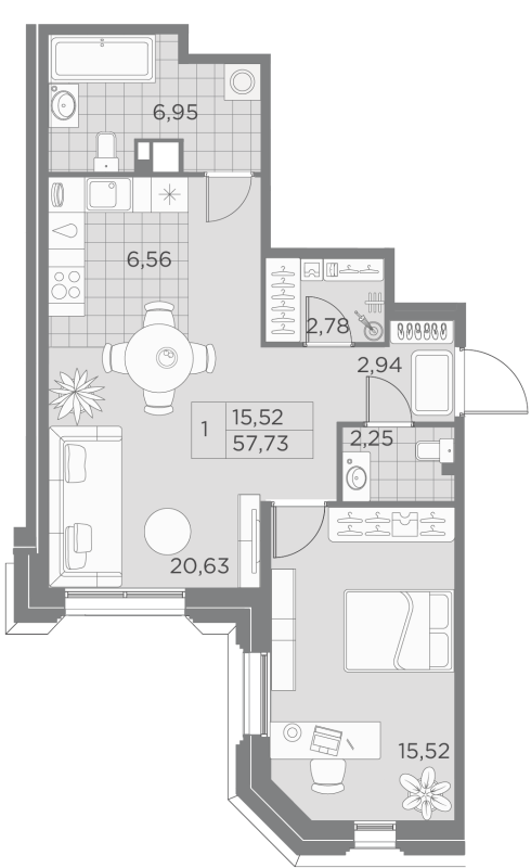 1-комнатная квартира  №73-2 в Akzent: 57.73 м², этаж 6 - купить в Санкт-Петербурге