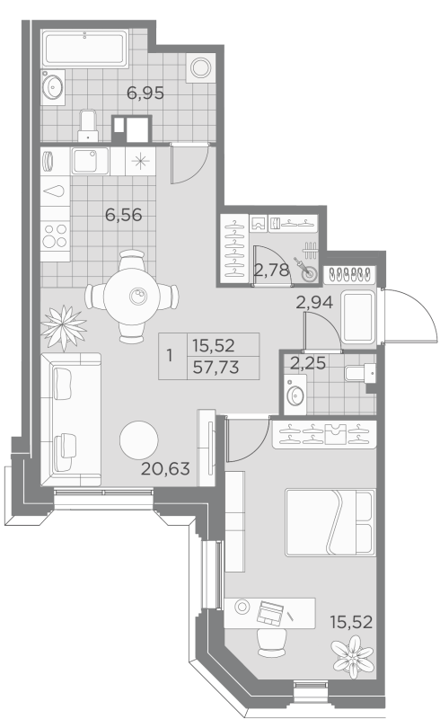 1-комнатная квартира  №73-2 в Akzent: 57.2 м², этаж 6 - купить в Санкт-Петербурге