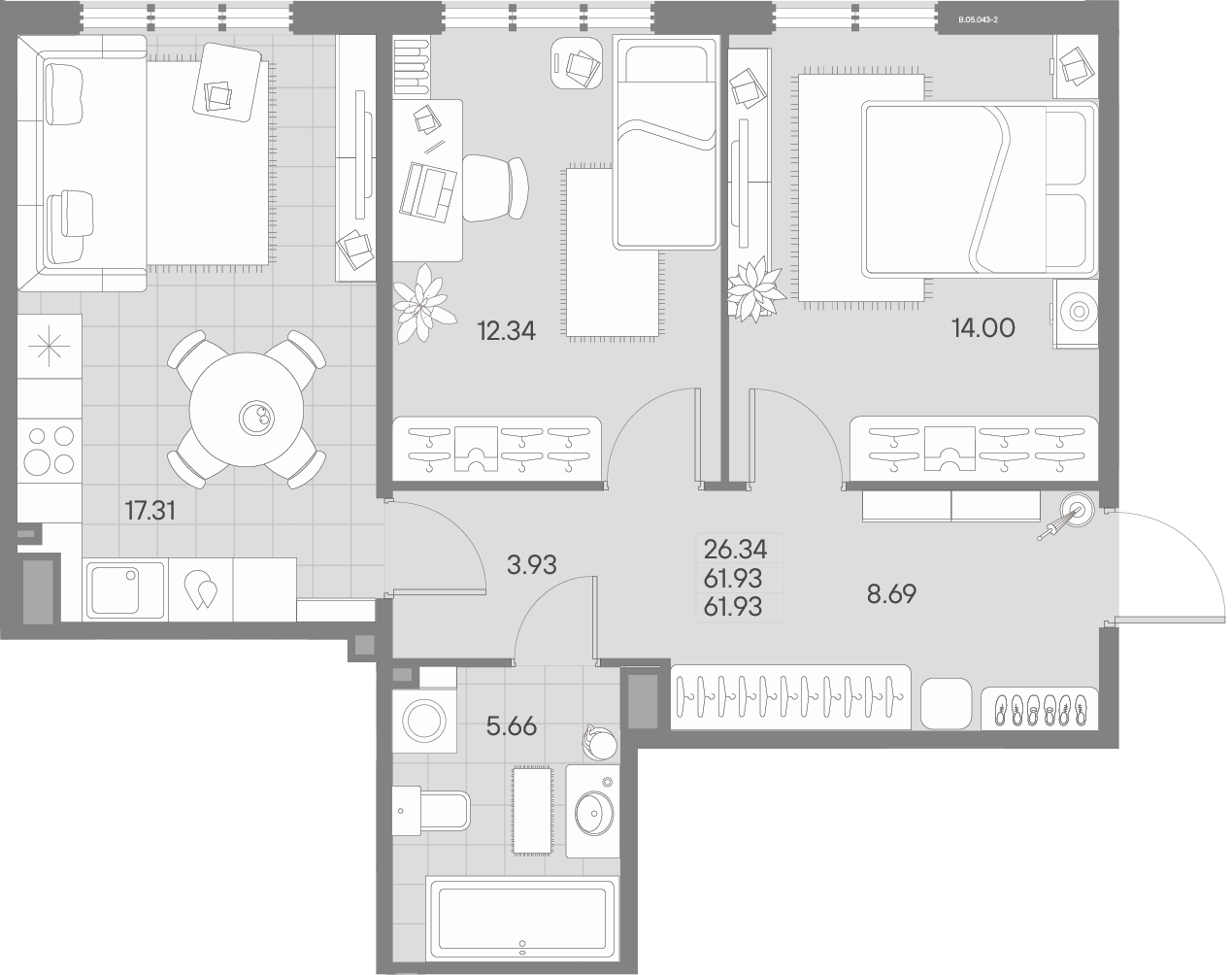 2-комнатная квартира  №43-2 в AMO: 61.93 м², этаж 5 - купить в Санкт-Петербурге