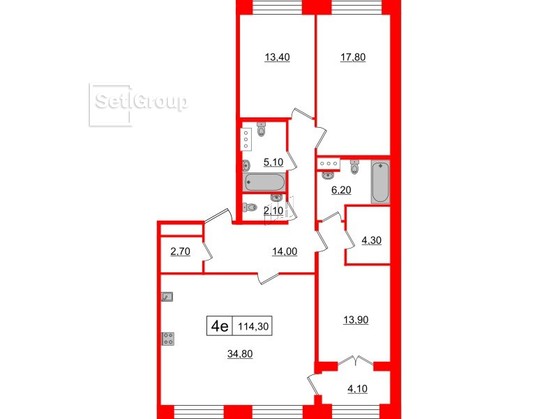 3-комнатная квартира  №198 в The One: 114.3 м², этаж 2 - купить в Санкт-Петербурге