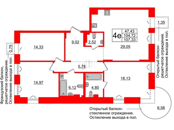 3-комнатная квартира  №681 в Imperial club: 104.72 м², этаж 6 - купить в Санкт-Петербурге