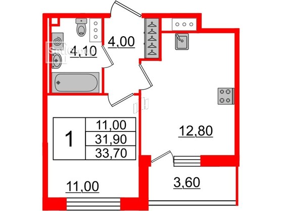 1-комнатная квартира  №294 в Svetlana Park: 31.9 м², этаж 3 - купить в Санкт-Петербурге