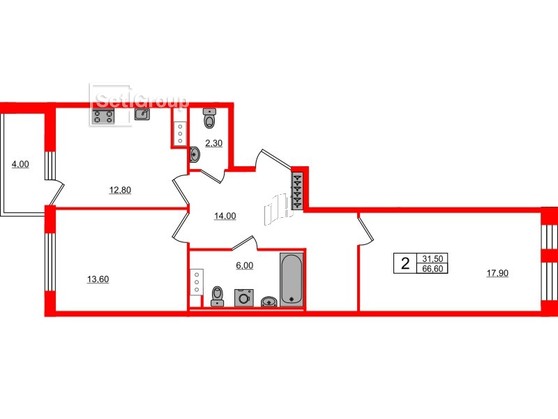 2-комнатная квартира  №739 в Цивилизация на Неве: 66.6 м², этаж 6 - купить в Санкт-Петербурге