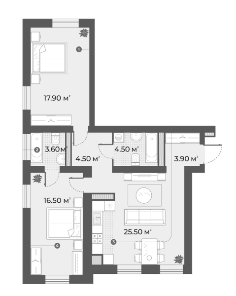 2-комнатная квартира  №92 в Aura: 78.5 м², этаж 6 - купить в Санкт-Петербурге