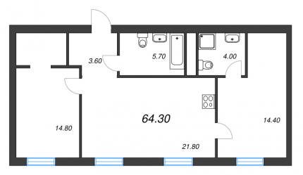 2-комнатная квартира  №31 в Aura: 66.4 м², этаж 6 - купить в Санкт-Петербурге