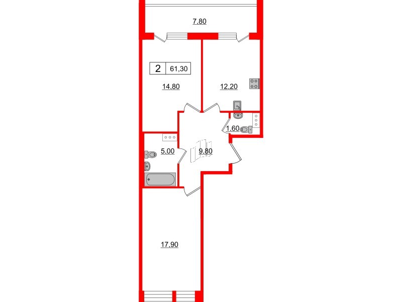 2-комнатная квартира, 61.3 м²; этаж: 8 - купить в Санкт-Петербурге