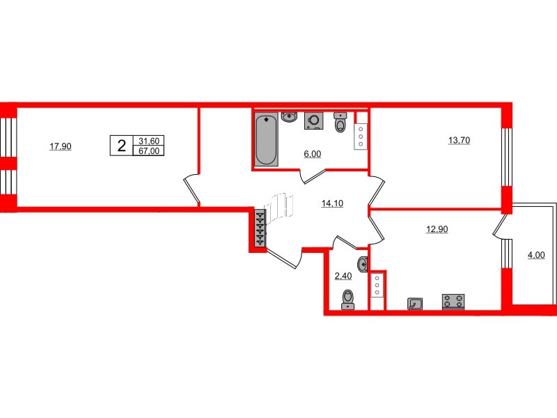2-комнатная квартира  №1083 в Svetlana Park: 67 м², этаж 7 - купить в Санкт-Петербурге