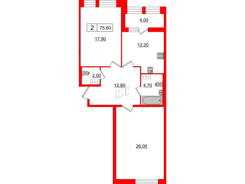 2-комнатная квартира, 75.6 м²; этаж: 10 - купить в Санкт-Петербурге