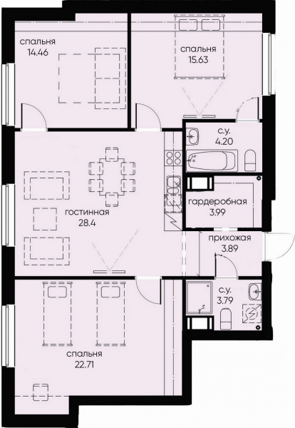 3-комнатная квартира  №152 в Domino: 97.07 м², этаж 7 - купить в Санкт-Петербурге