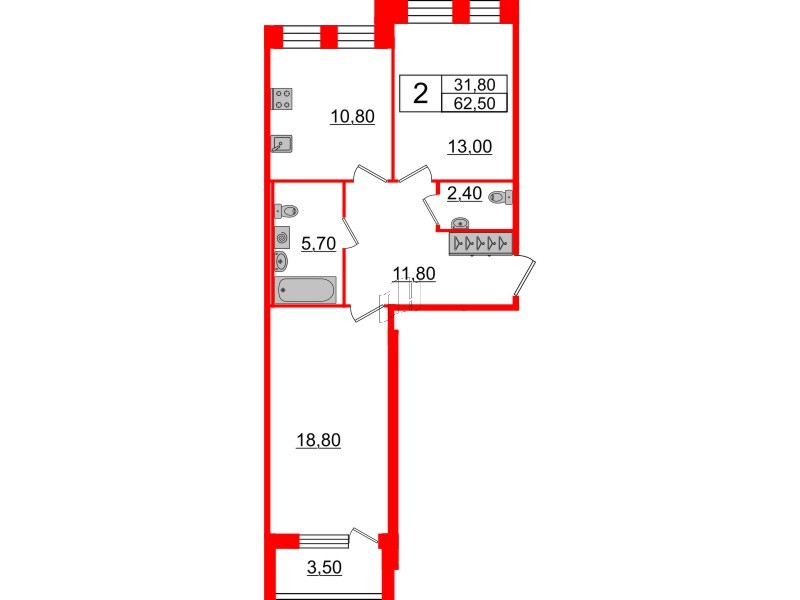 2-комнатная квартира  №675 в Цивилизация на Неве: 62.5 м², этаж 2 - купить в Санкт-Петербурге