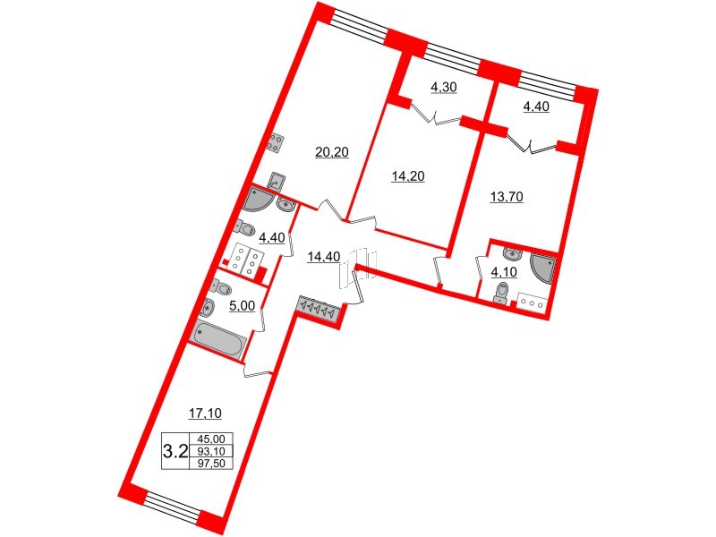 3-комнатная квартира  №152 в Grand View: 93.1 м², этаж 4 - купить в Санкт-Петербурге