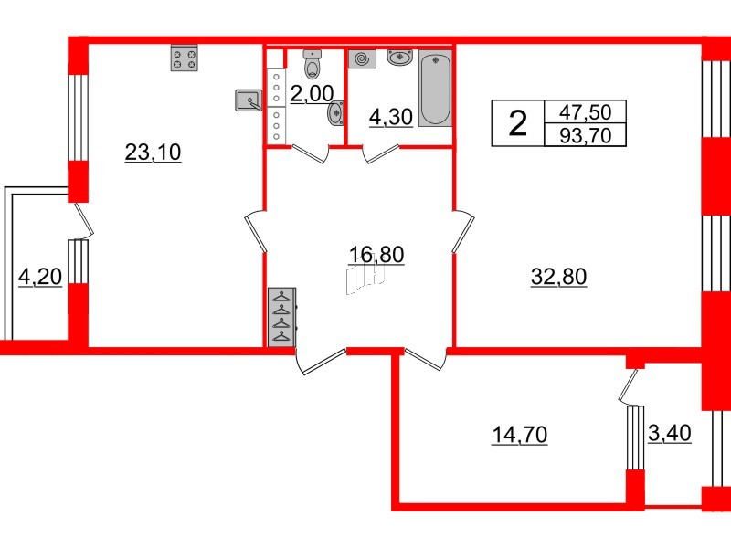 2-комнатная квартира  №375 в Svetlana Park: 93.7 м², этаж 5 - купить в Санкт-Петербурге
