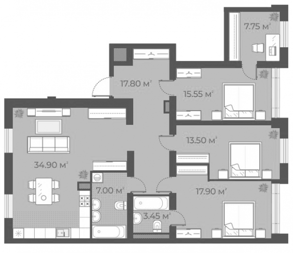 3-комнатная квартира  №64 в Aura: 117.3 м², этаж 1 - купить в Санкт-Петербурге