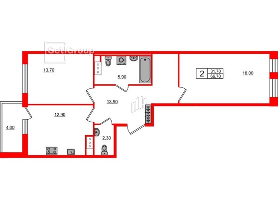 2-комнатная квартира  №728 в Цивилизация на Неве: 66.7 м², этаж 4 - купить в Санкт-Петербурге