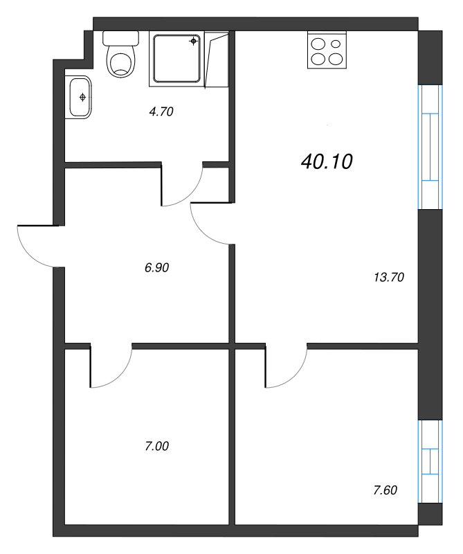 1-комнатная квартира  №856 в VIDI: 40.7 м², этаж 8 - купить в Санкт-Петербурге