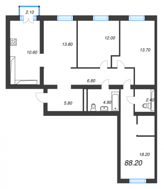 4-комнатная квартира  №29 в Aura: 91.9 м², этаж 6 - купить в Санкт-Петербурге
