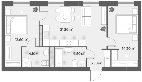 2-комнатная квартира  №81 в Aura: 59.8 м², этаж 4 - купить в Санкт-Петербурге