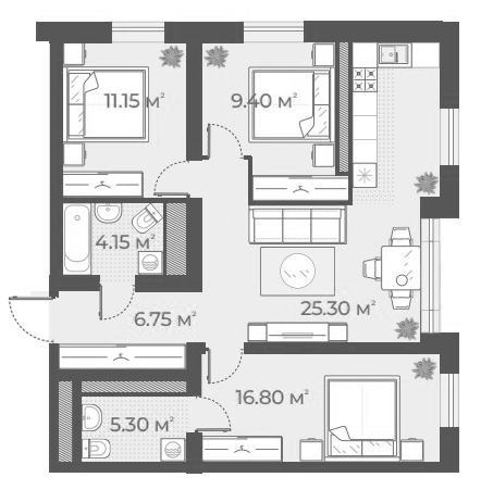 3-комнатная квартира  №67 в Aura: 76.6 м², этаж 1 - купить в Санкт-Петербурге